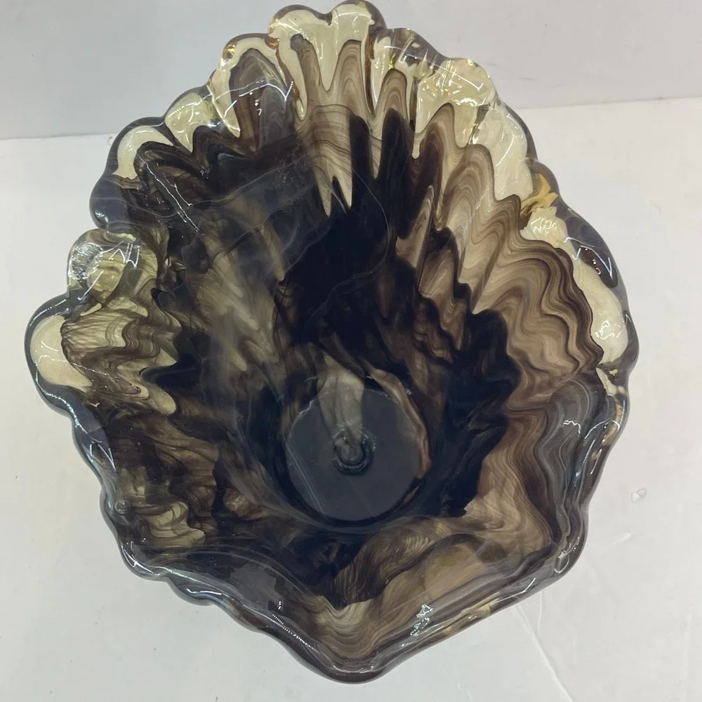 Vintage Murano Style Handkerchief Art Glass Vase Brown Swirl‎ Ruffle Hand Blown